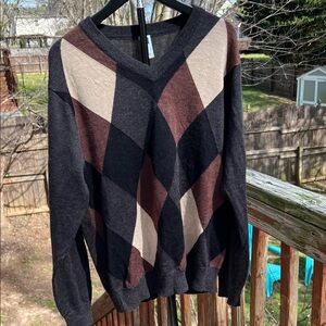 Men's GAP V-Neck Argyle Sweater - Black, Brown & Cream Wool Blend